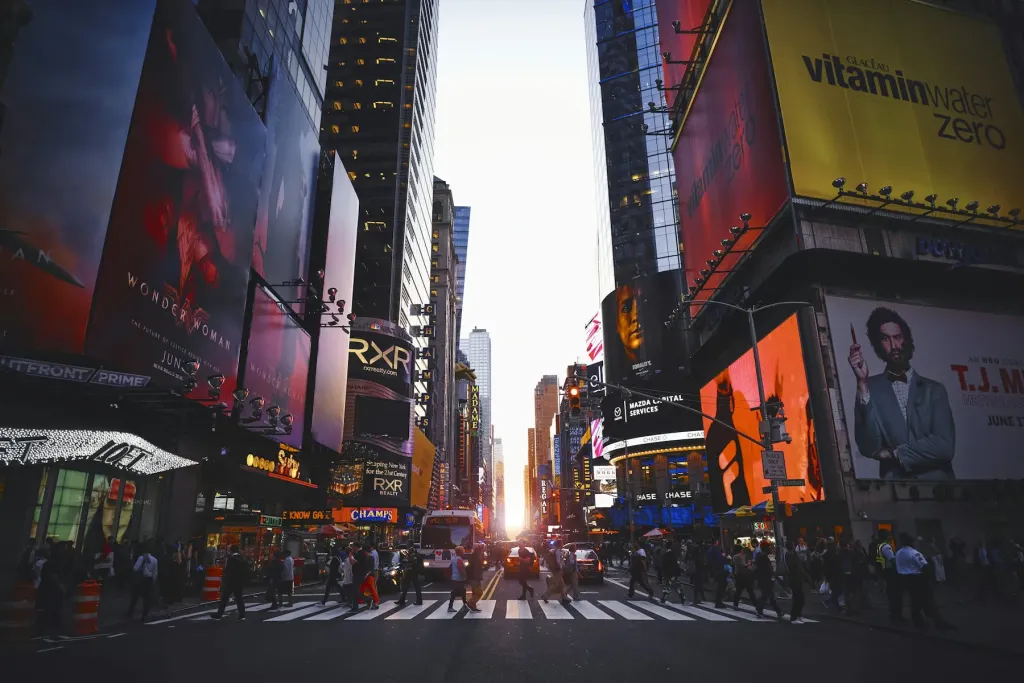 Busy Times Square street with billboards