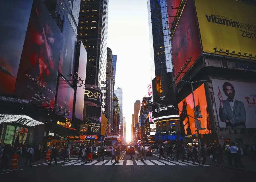 Busy Times Square street with billboards