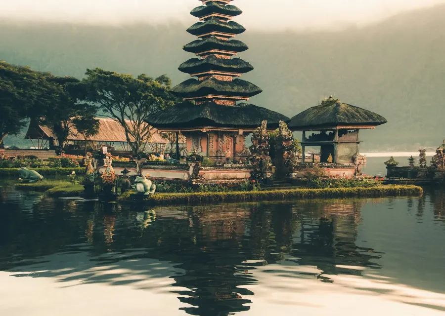 Pura Ulun Danu Bratan temple reflected in a lake