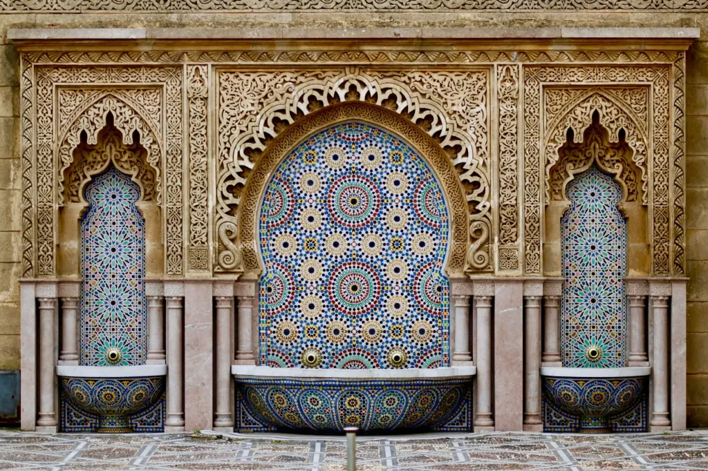 Ornate tiled fountain in a Marrakech riad