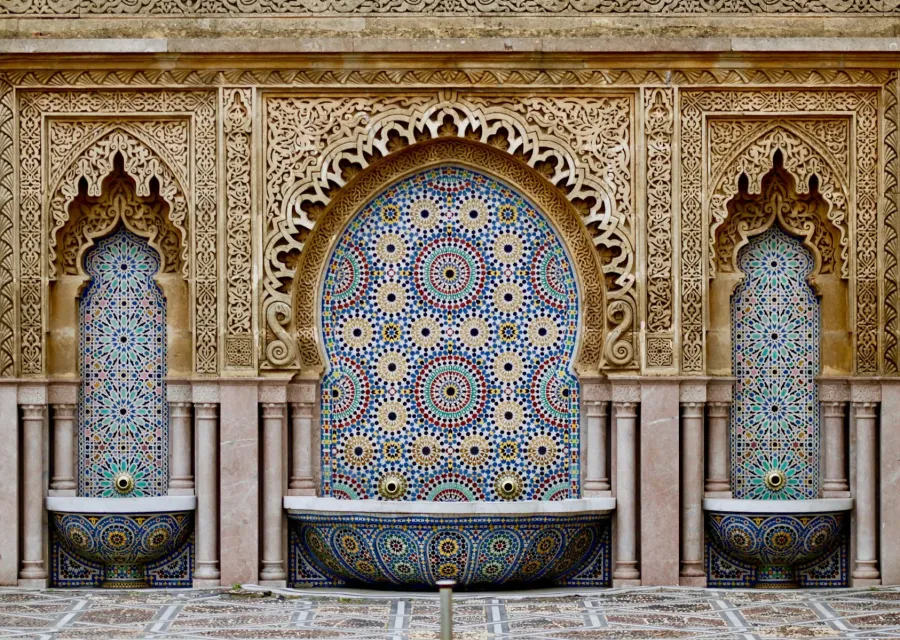 Ornate tiled fountain in a Marrakech riad