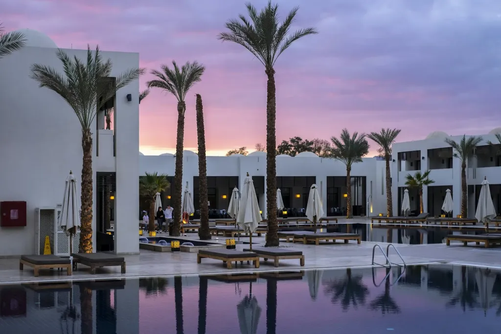 Resort pool lined with palm trees at dusk