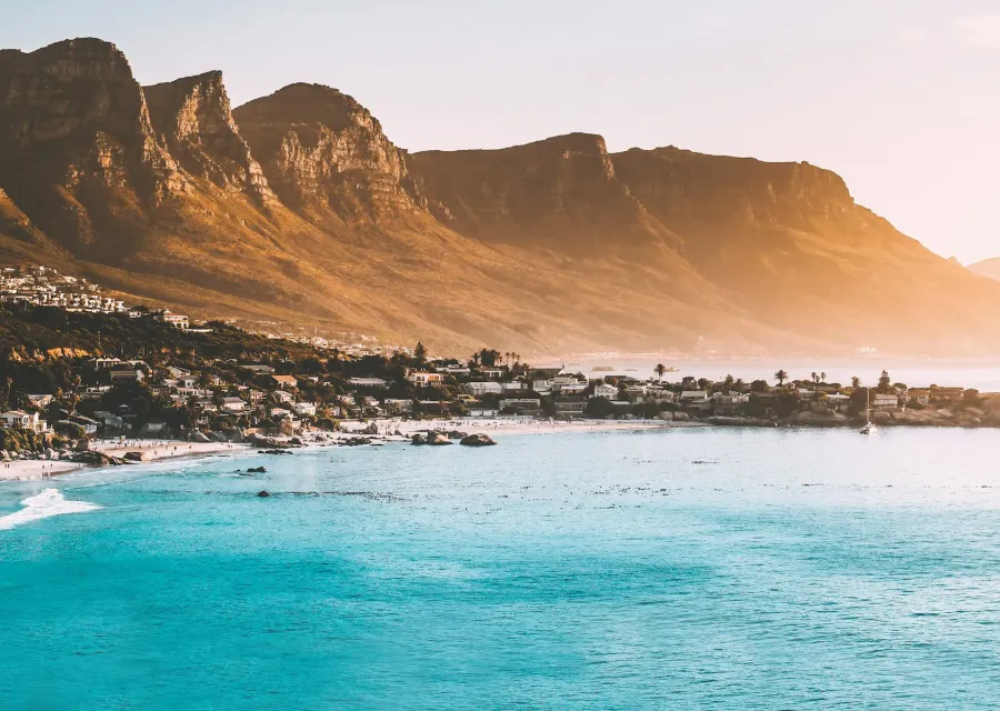 Turquoise bay below the Twelve Apostles mountains near Cape Town