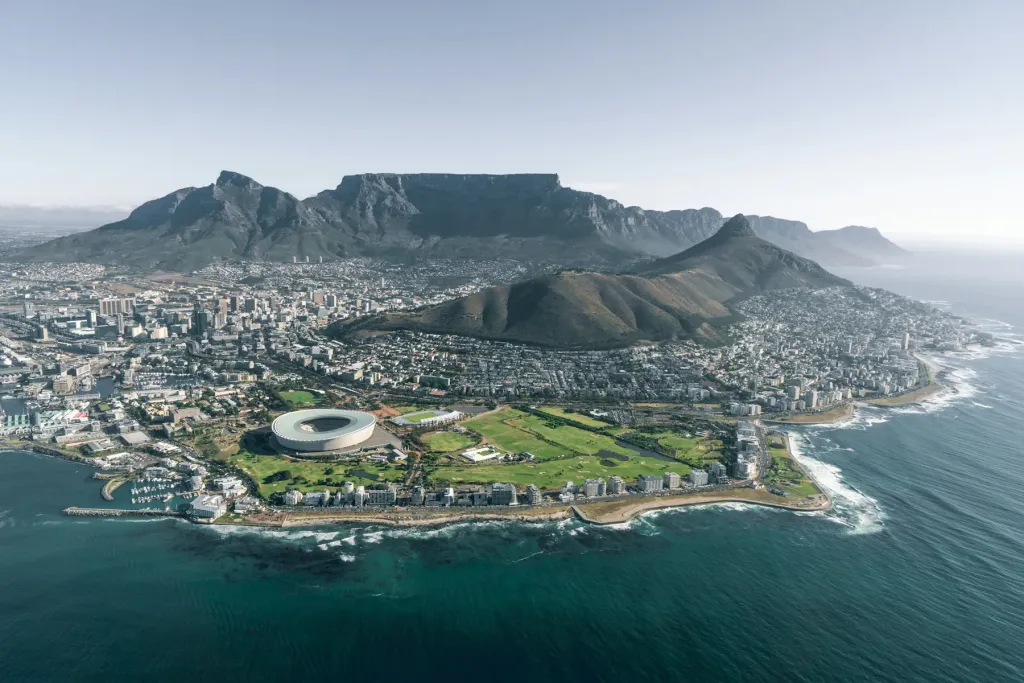 Aerial view of Cape Town below Table Mountain