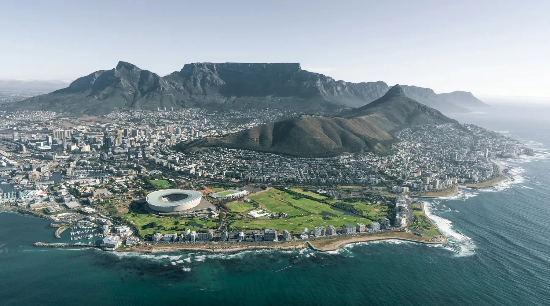 Aerial view of Cape Town below Table Mountain