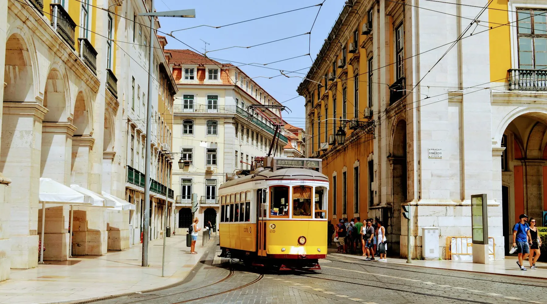 Yellow tram 28 on a sunny Lisbon street