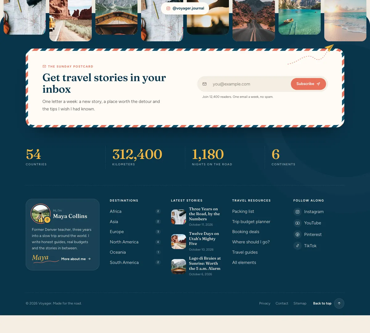 Atlas: photo strip, newsletter, stats, five columns